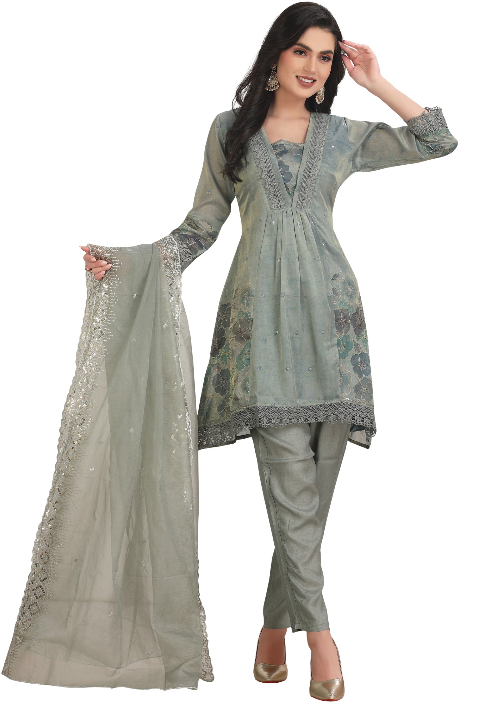 Greenish Grey Tissue Silk Anarkali