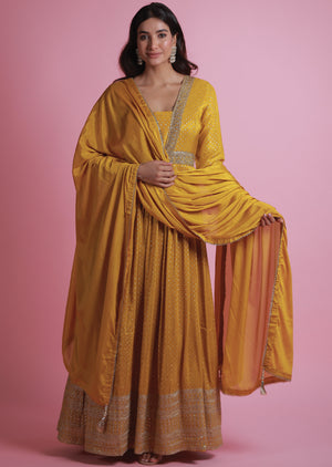 Mustard Banaras Tissue Silk Anarkali