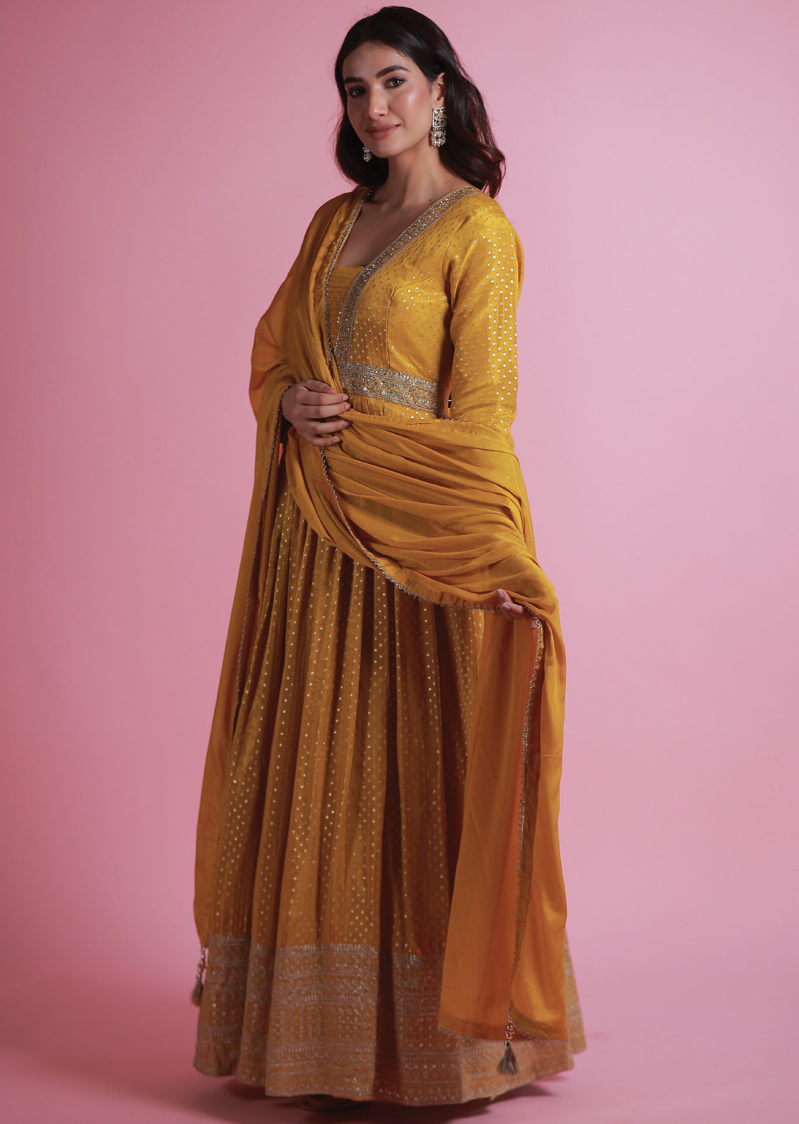 Mustard Banaras Tissue Silk Anarkali