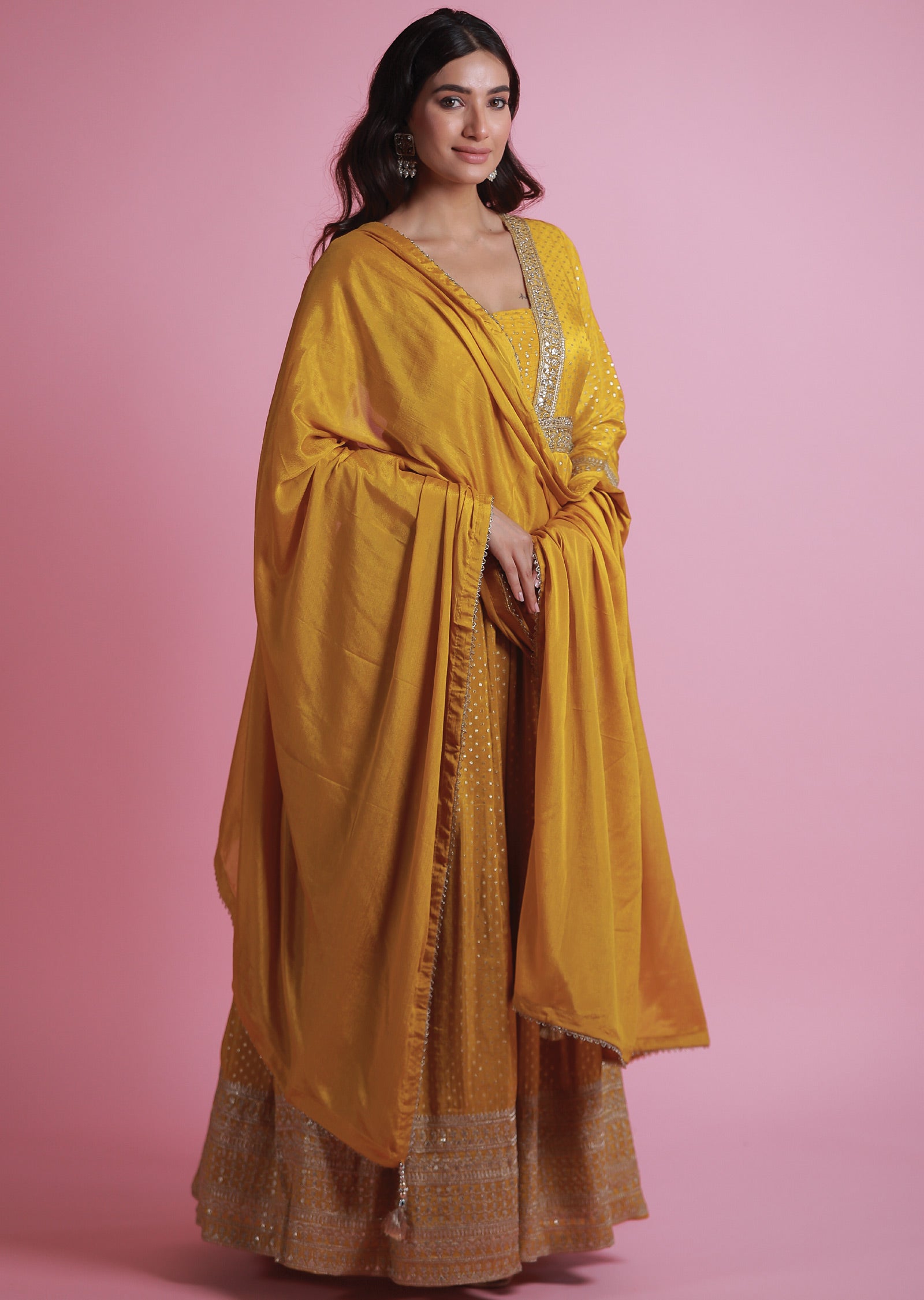 Mustard Banaras Tissue Silk Anarkali