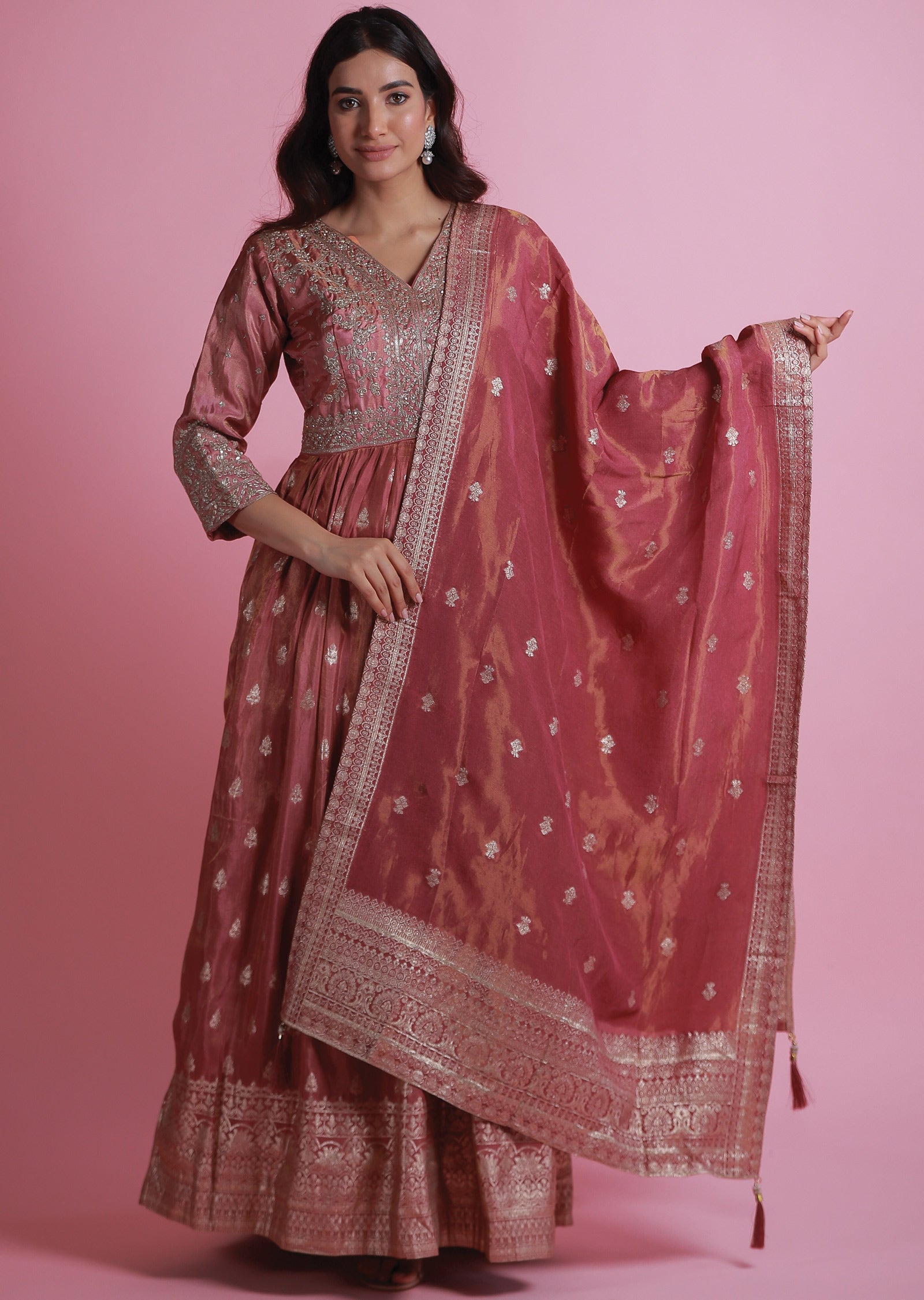 Pink Banaras Tissue Silk Anarkali