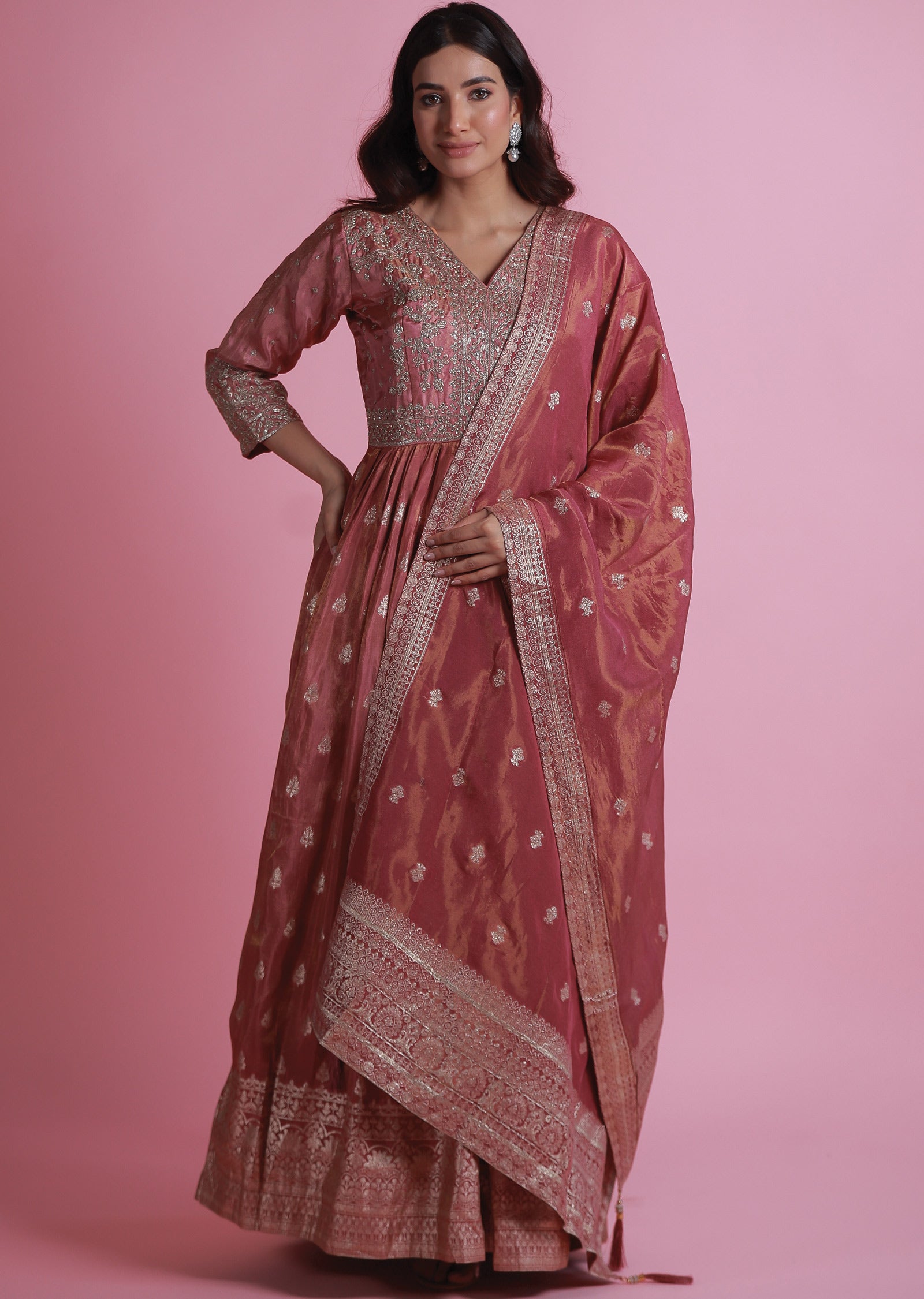 Pink Banaras Tissue Silk Anarkali