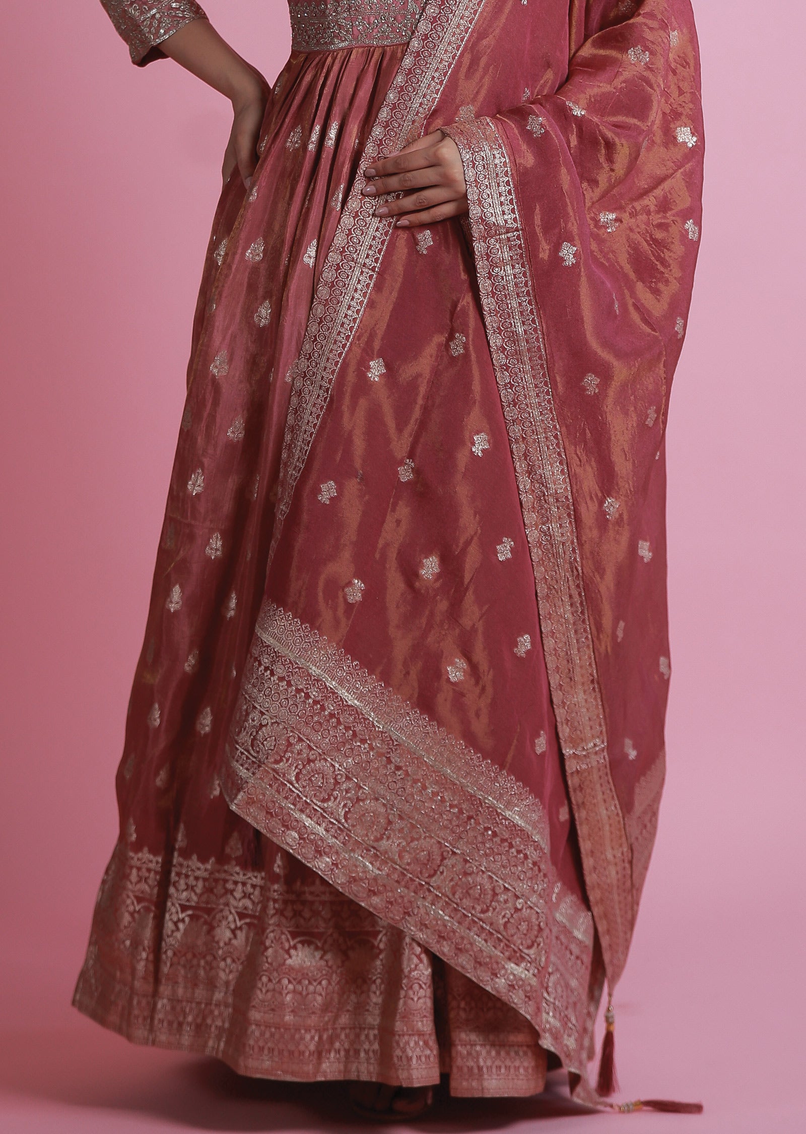 Pink Banaras Tissue Silk Anarkali