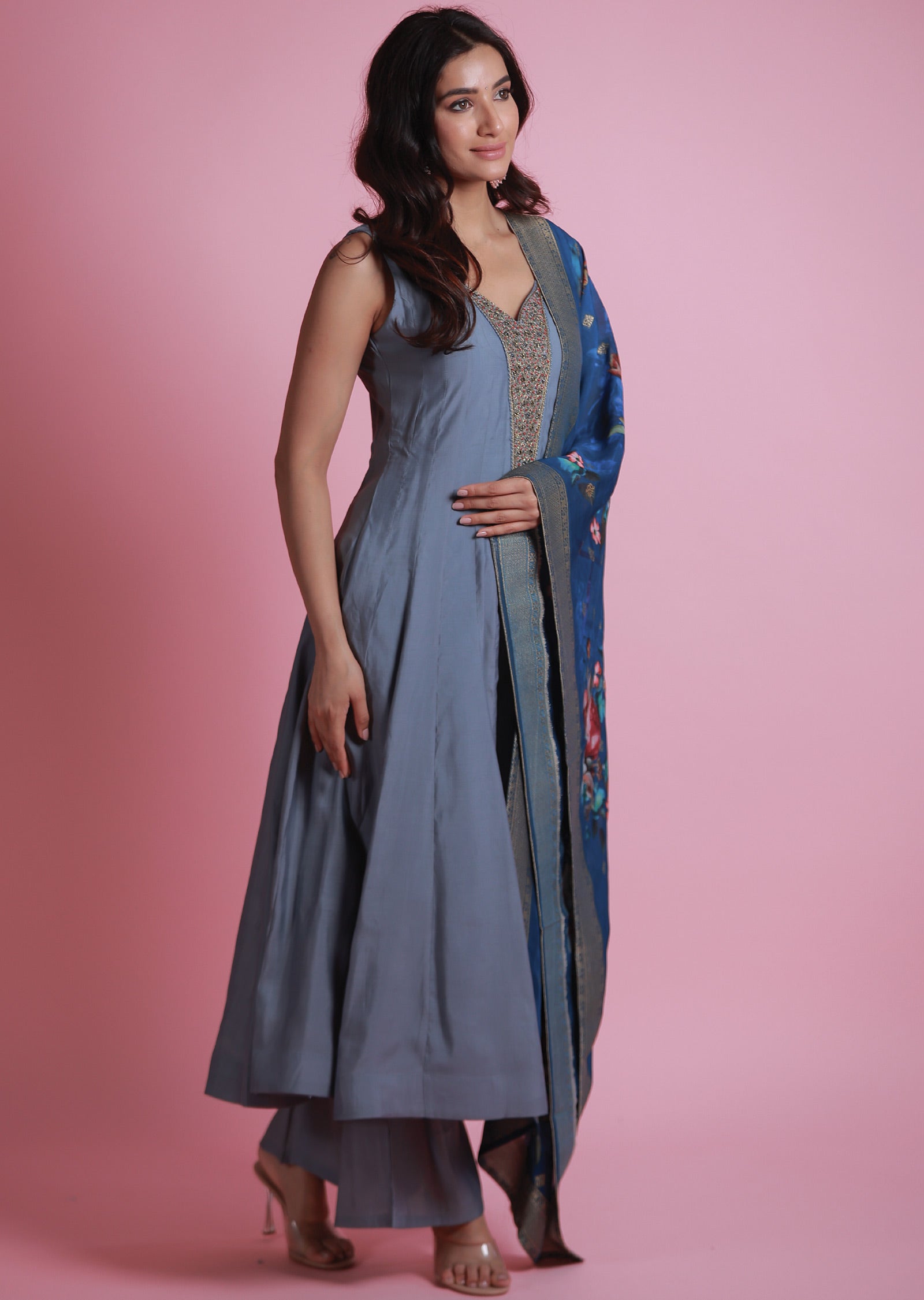 Grey Soft Silk Anarkali