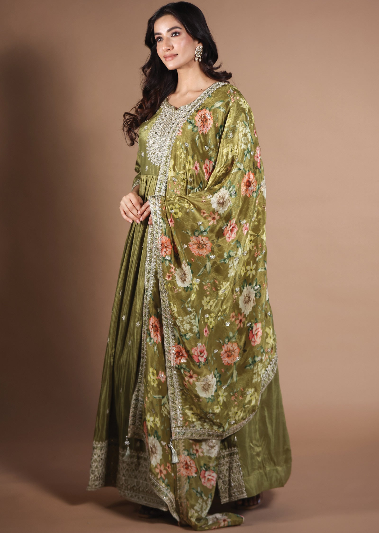 Olive Green Tissue Silk Anarkali