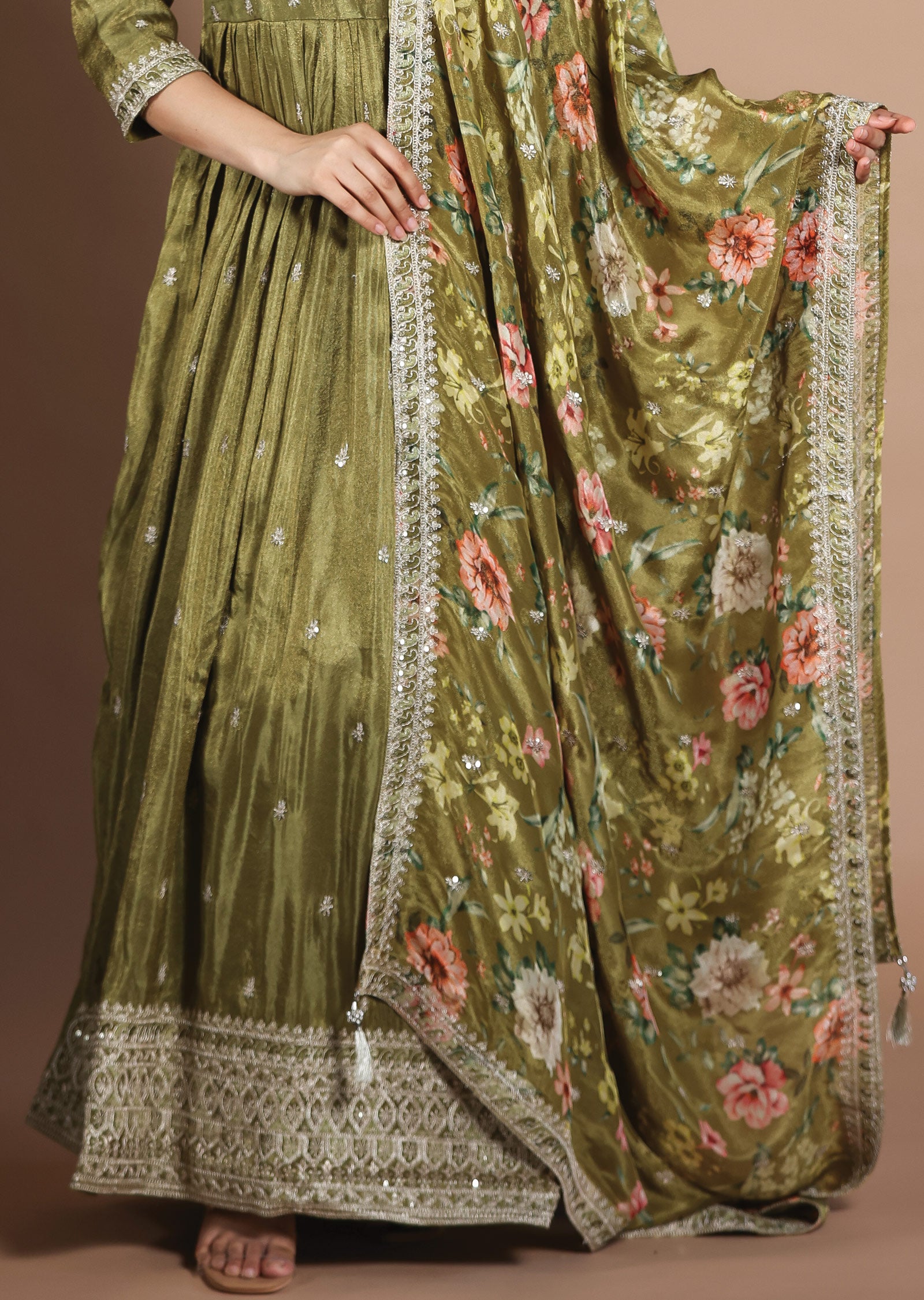 Olive Green Tissue Silk Anarkali