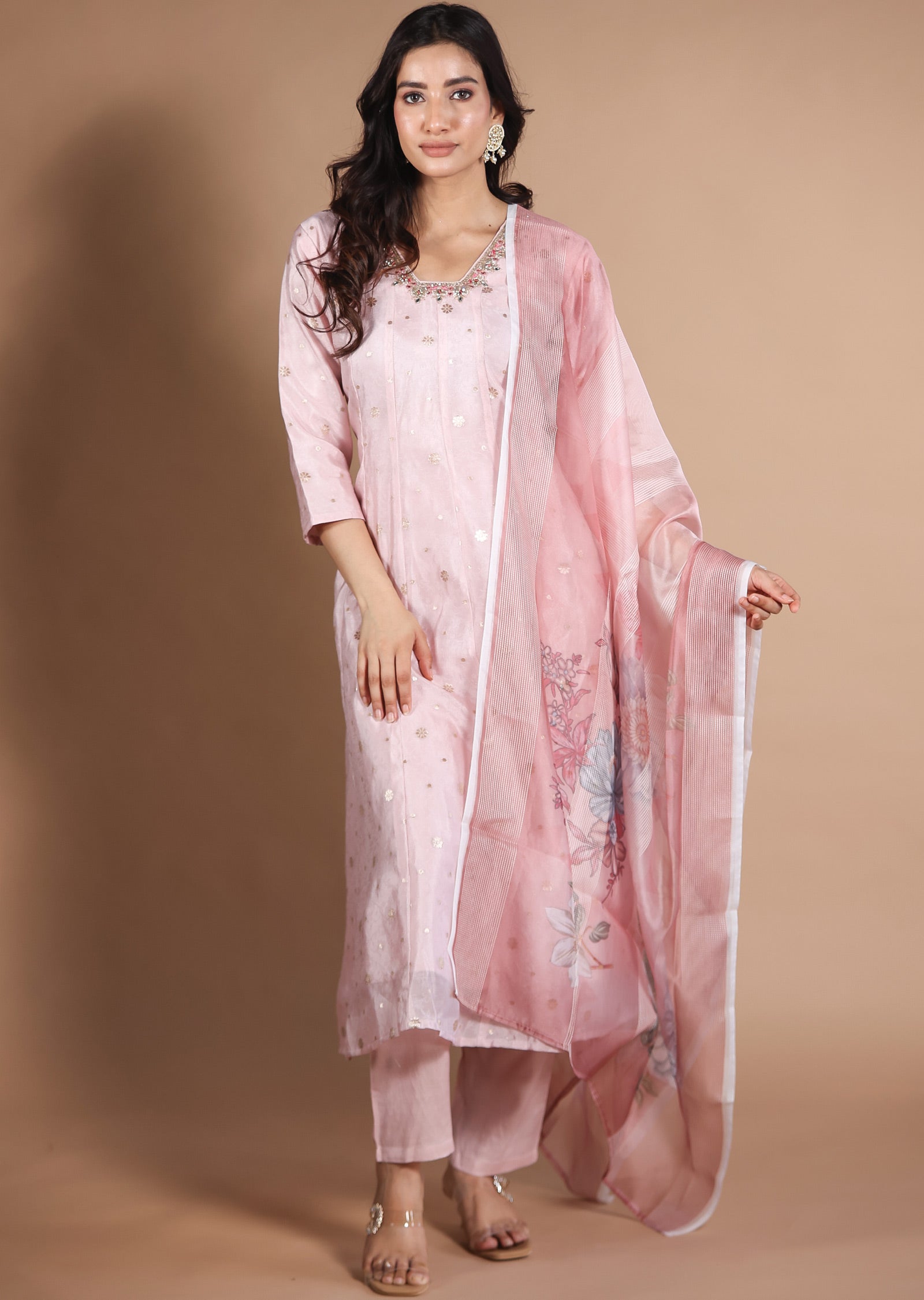 Baby Pink Banaras Silk Anarkali