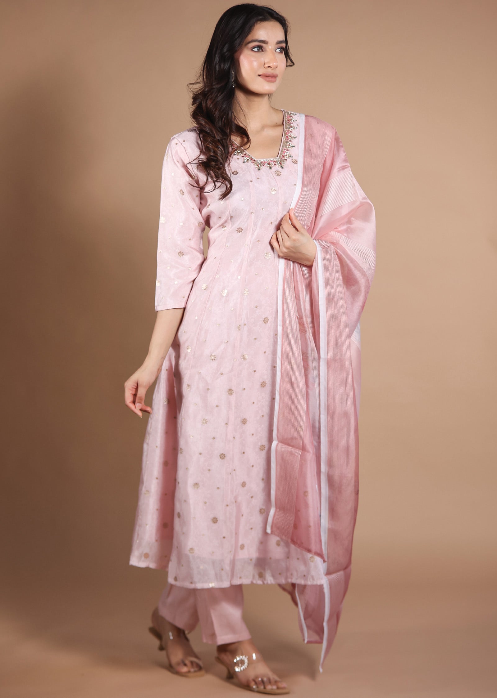 Baby Pink Banaras Silk Anarkali