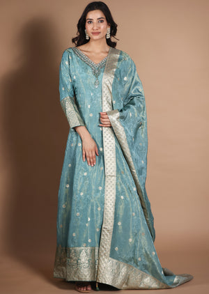 Sea Green Banarasi Silk Anarkali