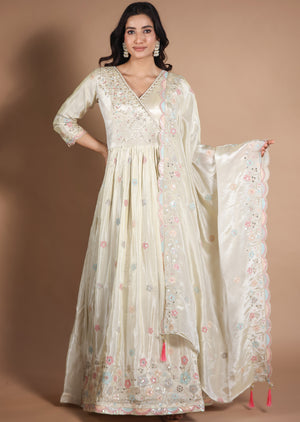 Cream Tissue Silk Anarkali