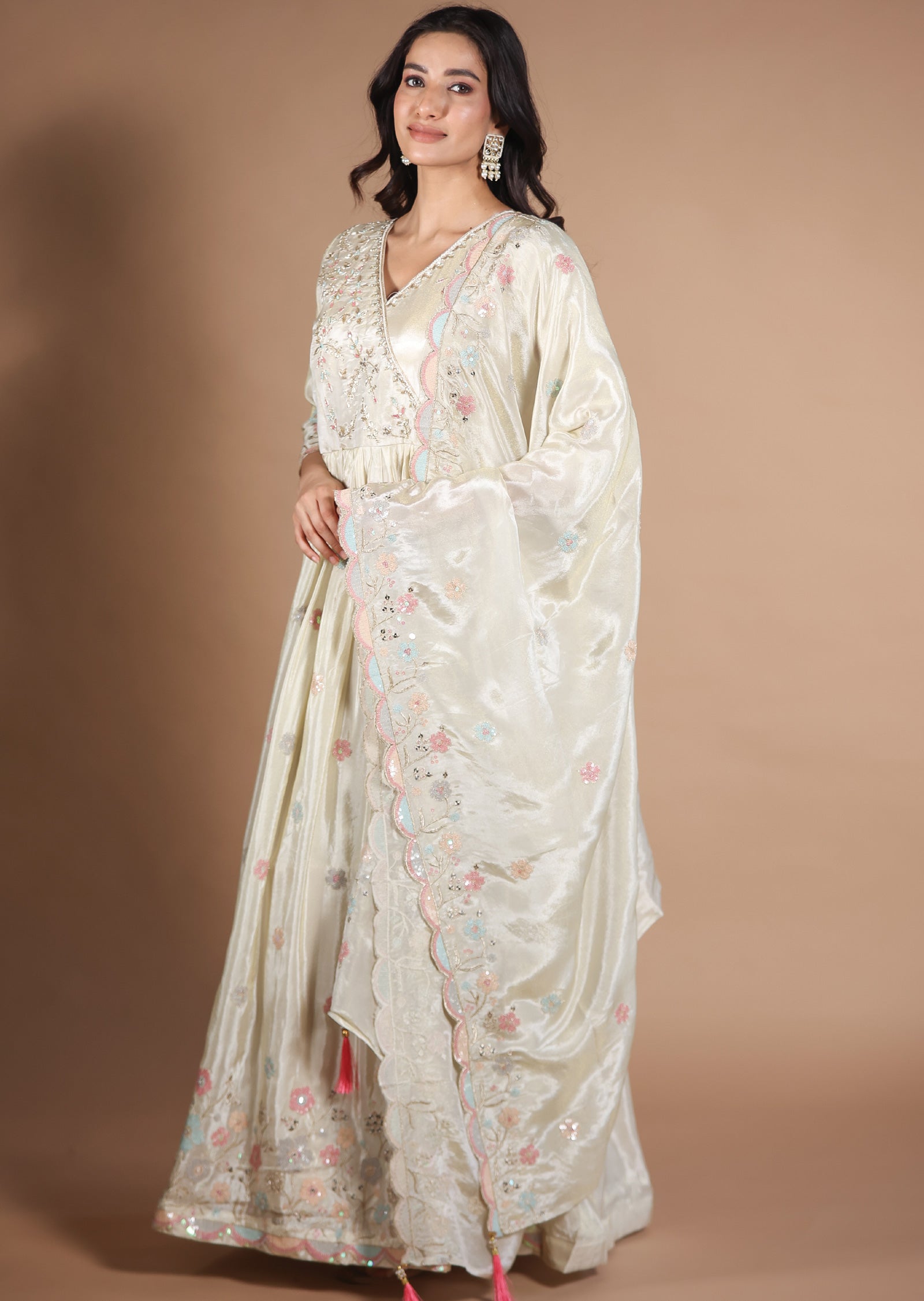 Cream Tissue Silk Anarkali