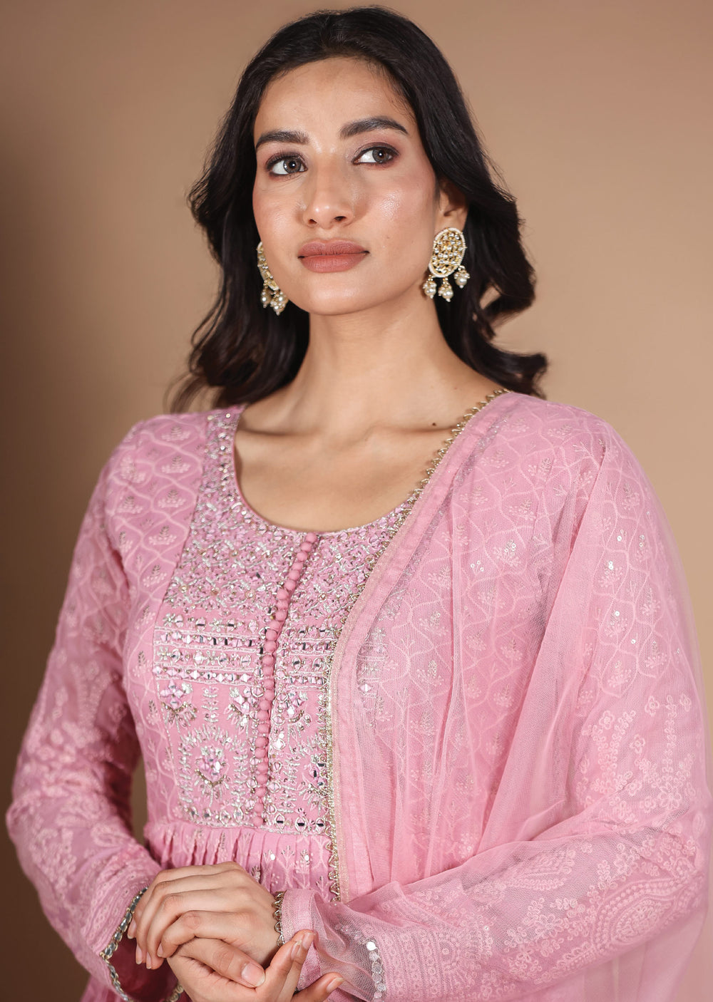 Pink Georgette Lucknowi Anarkali with Dupatta