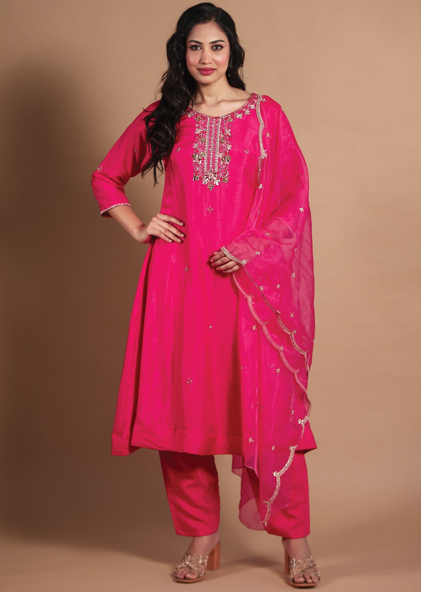 Rani Pink Silk Anarkali