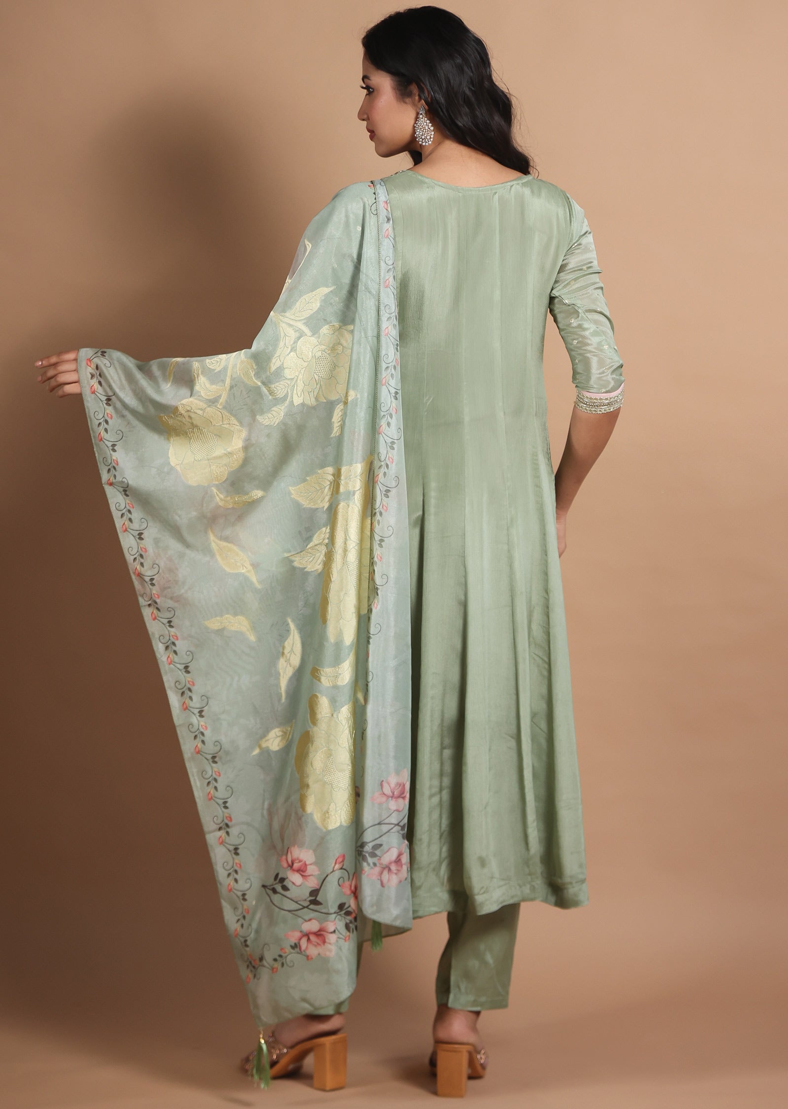 Dusty Green Banarasi Chinnon Anarkali