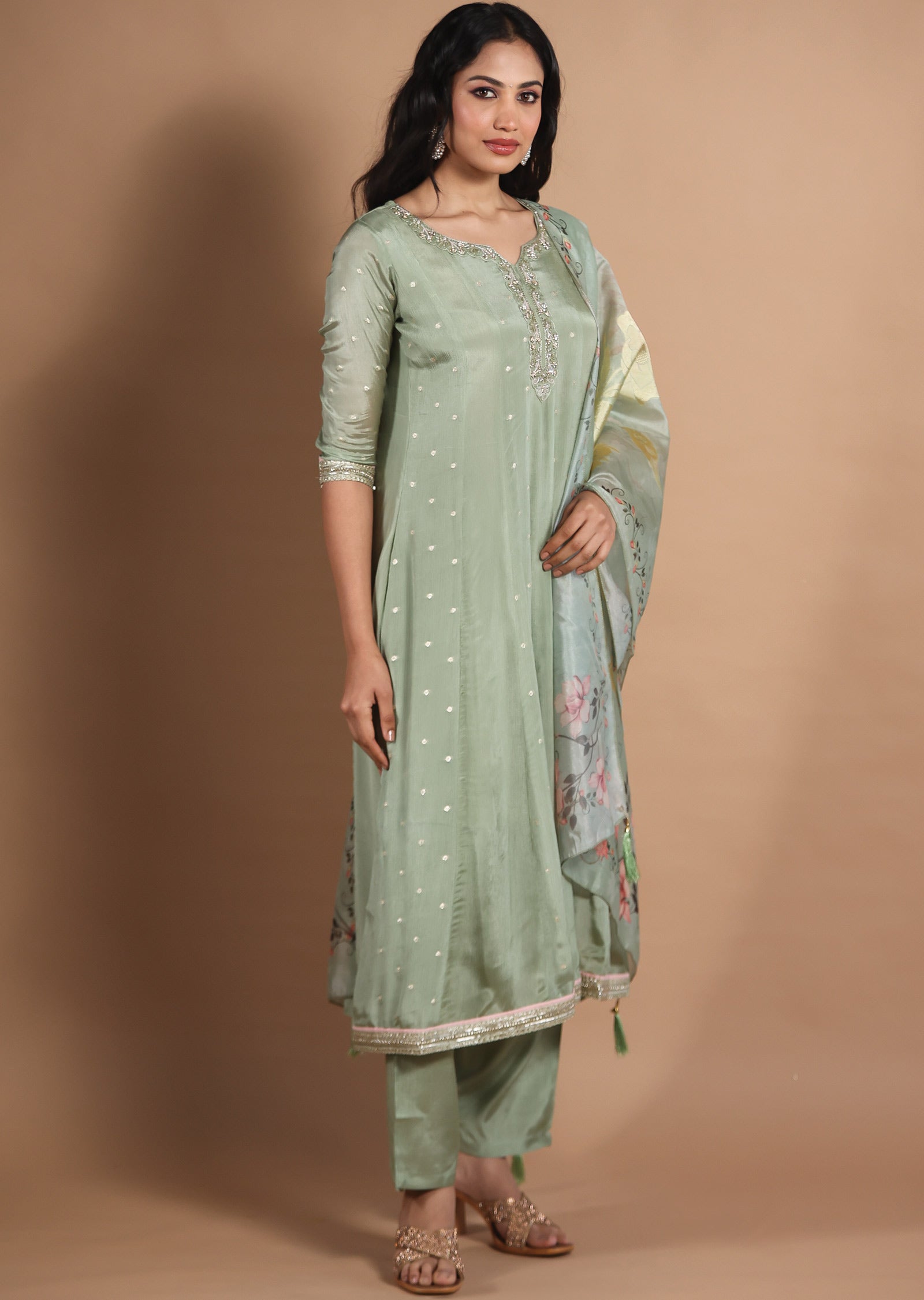 Dusty Green Banarasi Chinnon Anarkali