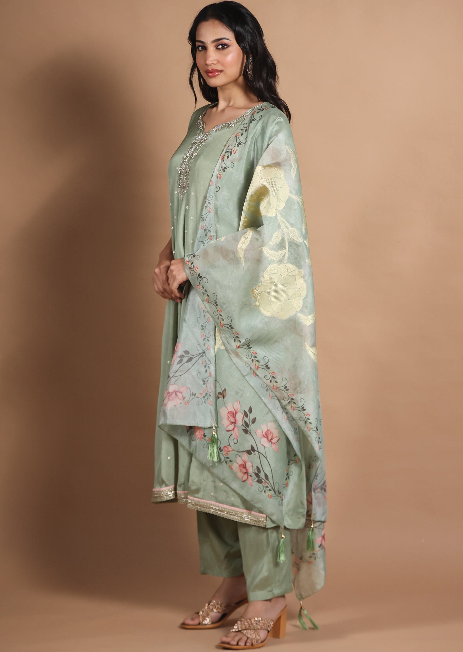 Dusty Green Banarasi Chinnon Anarkali