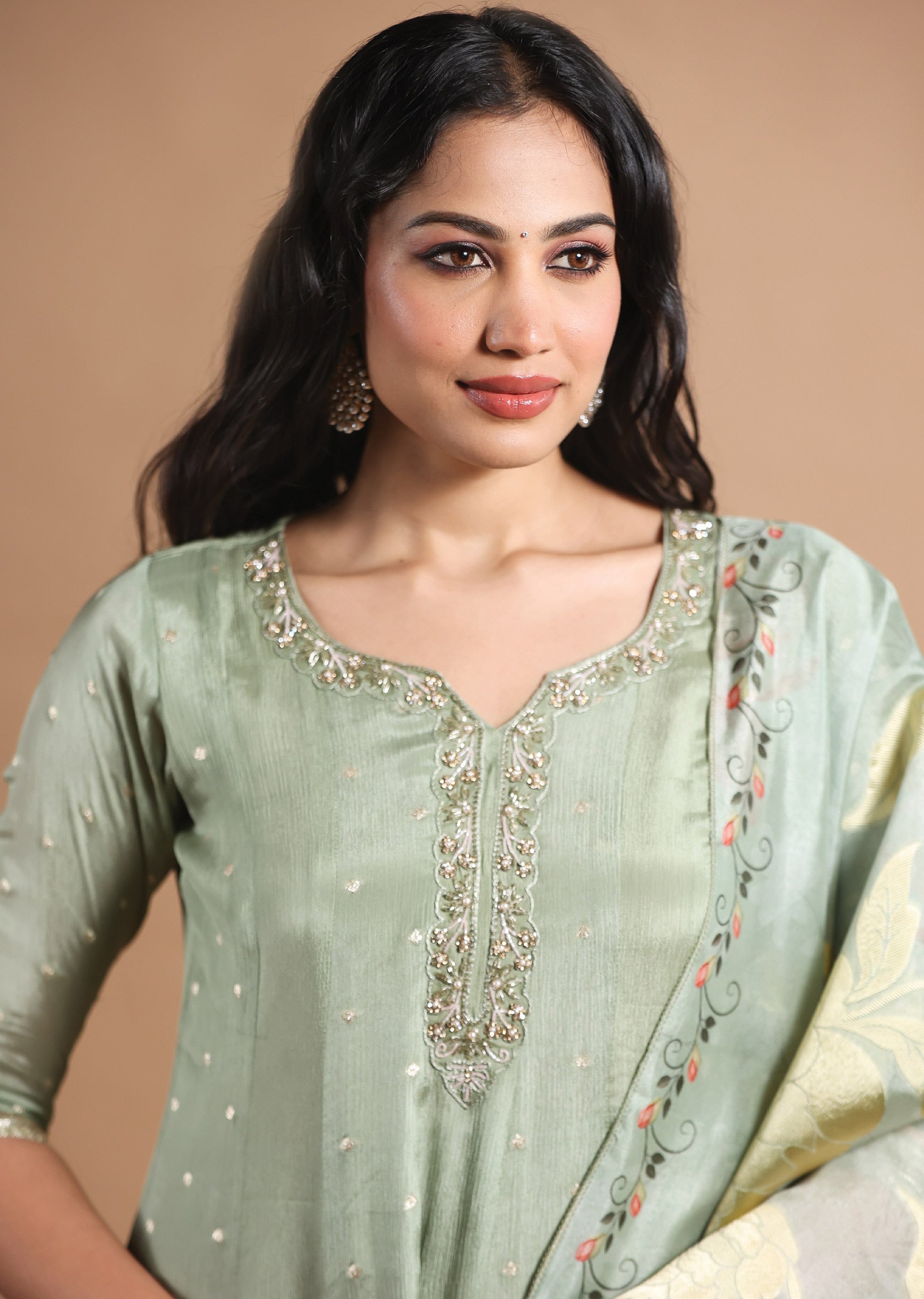 Dusty Green Banarasi Chinnon Anarkali