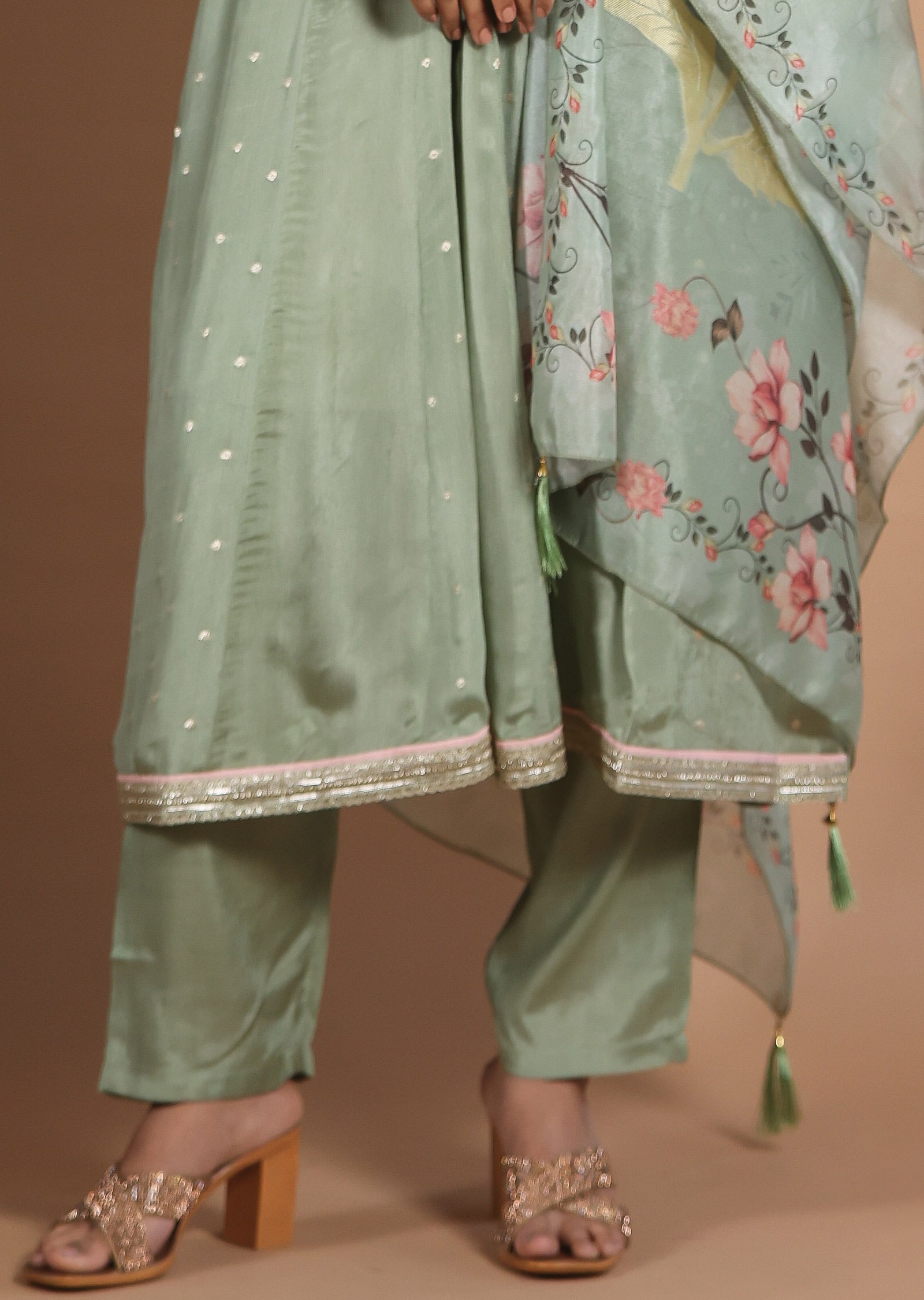 Dusty Green Banarasi Chinnon Anarkali