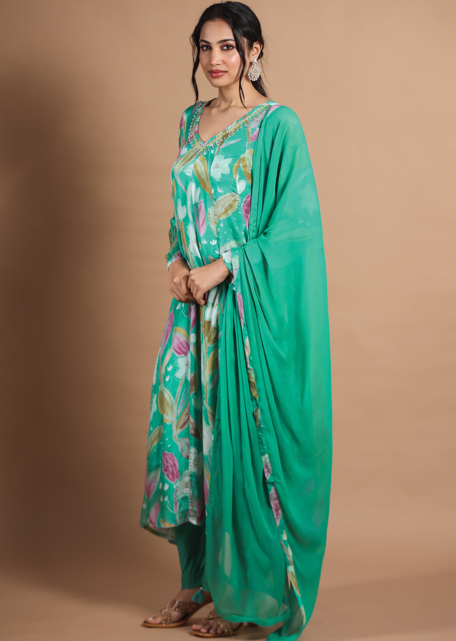 Dusty Green Chinnon Anarkali