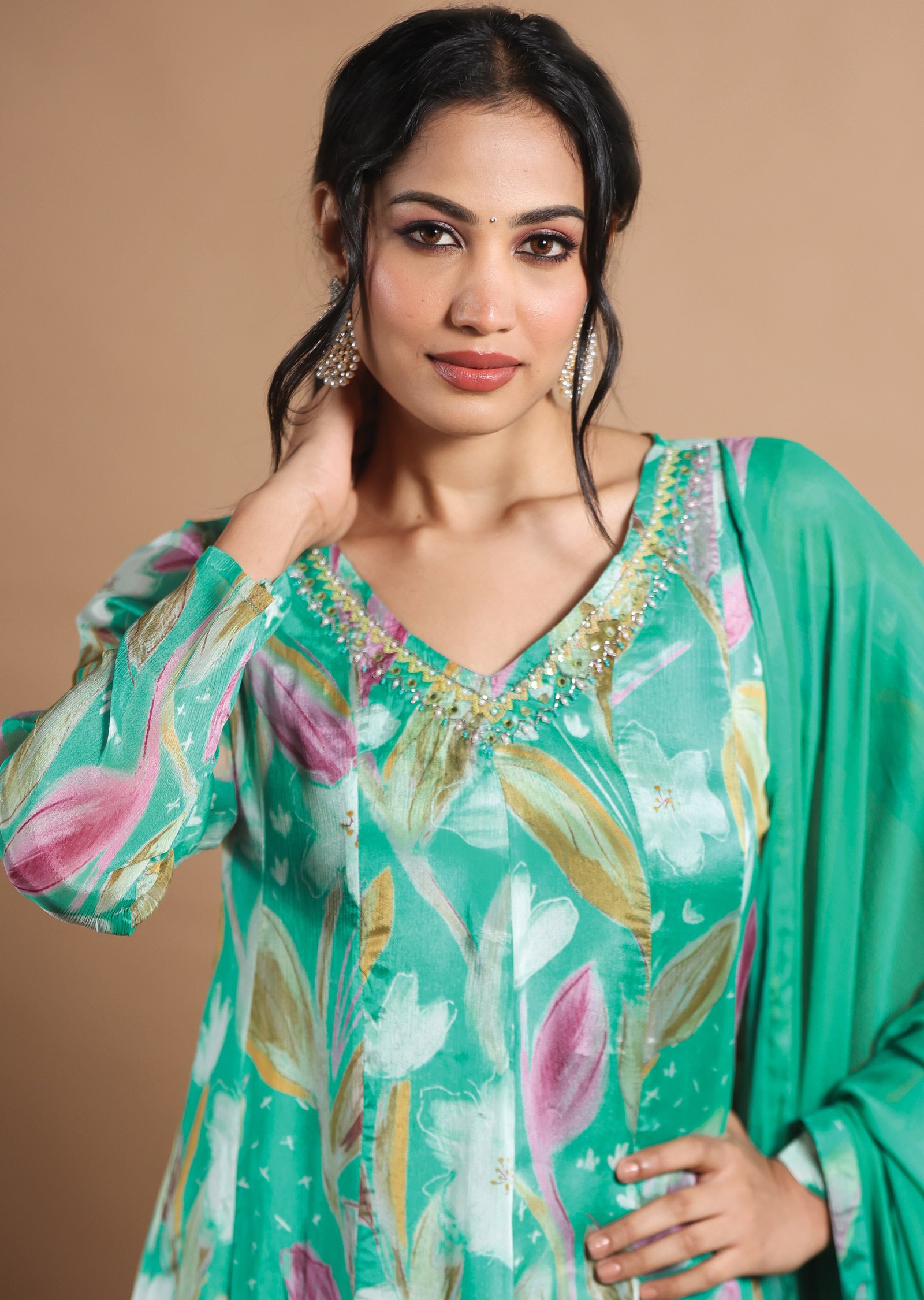 Dusty Green Chinnon Anarkali