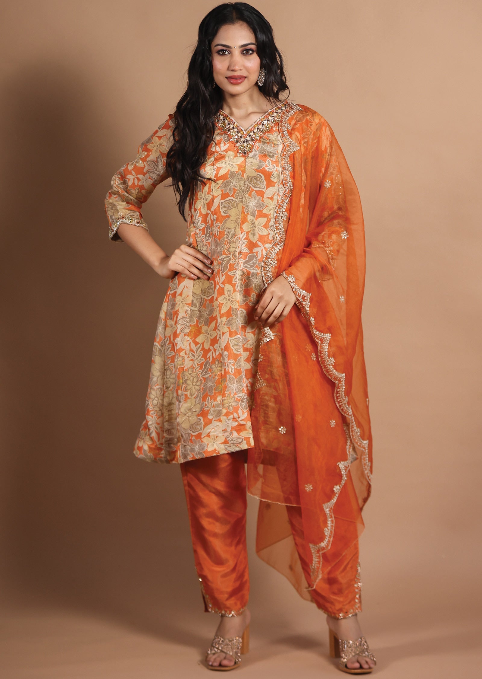 Orange Tissue Silk Anarkali