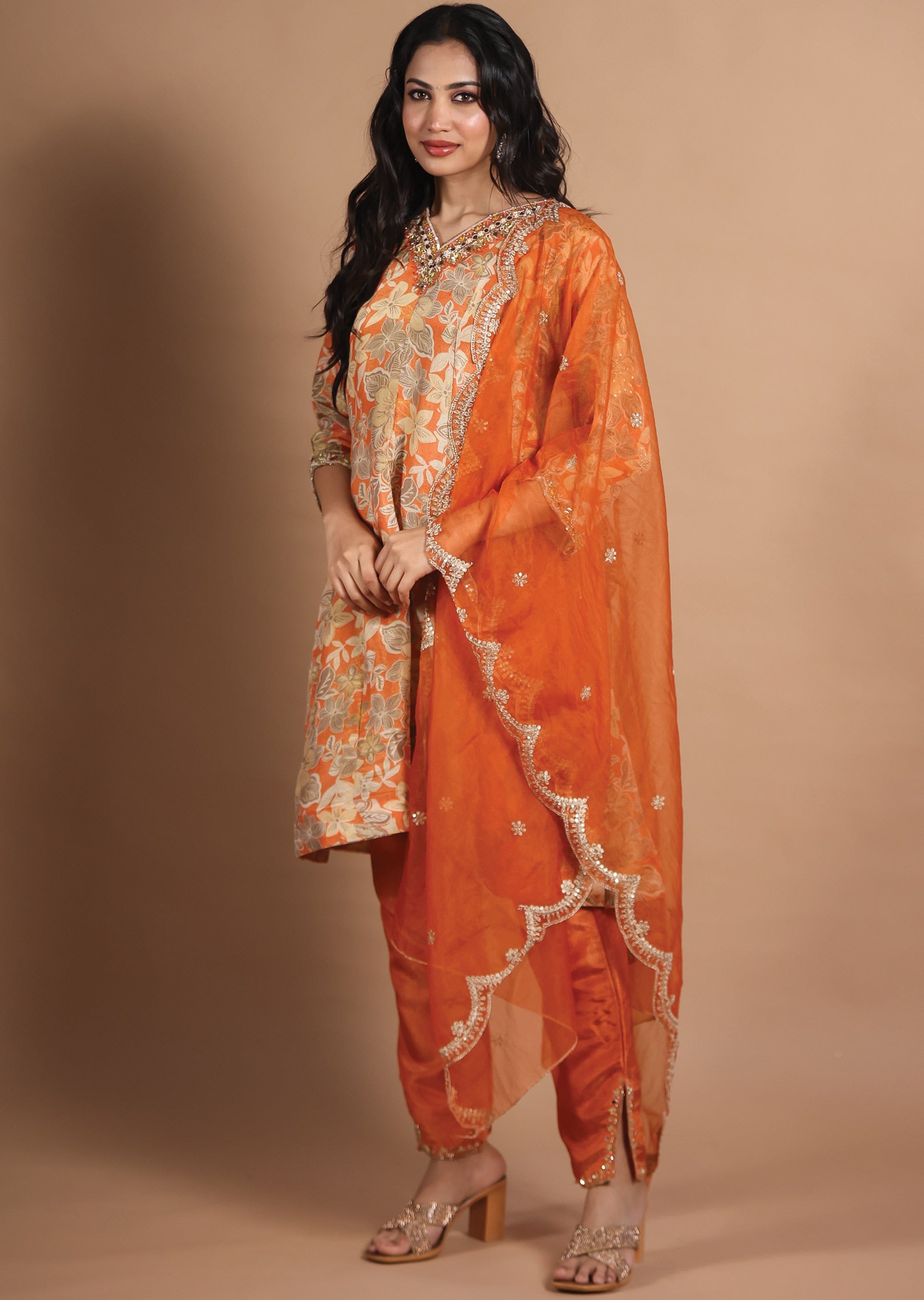 Orange Tissue Silk Anarkali