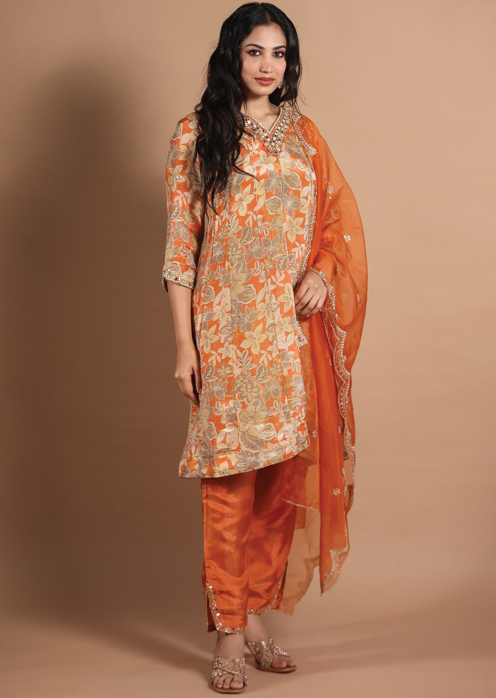 Orange Tissue Silk Anarkali