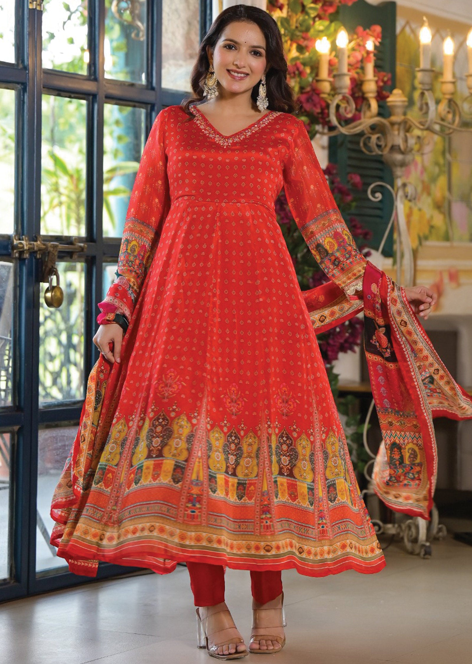 Red Chinnon Anarkali