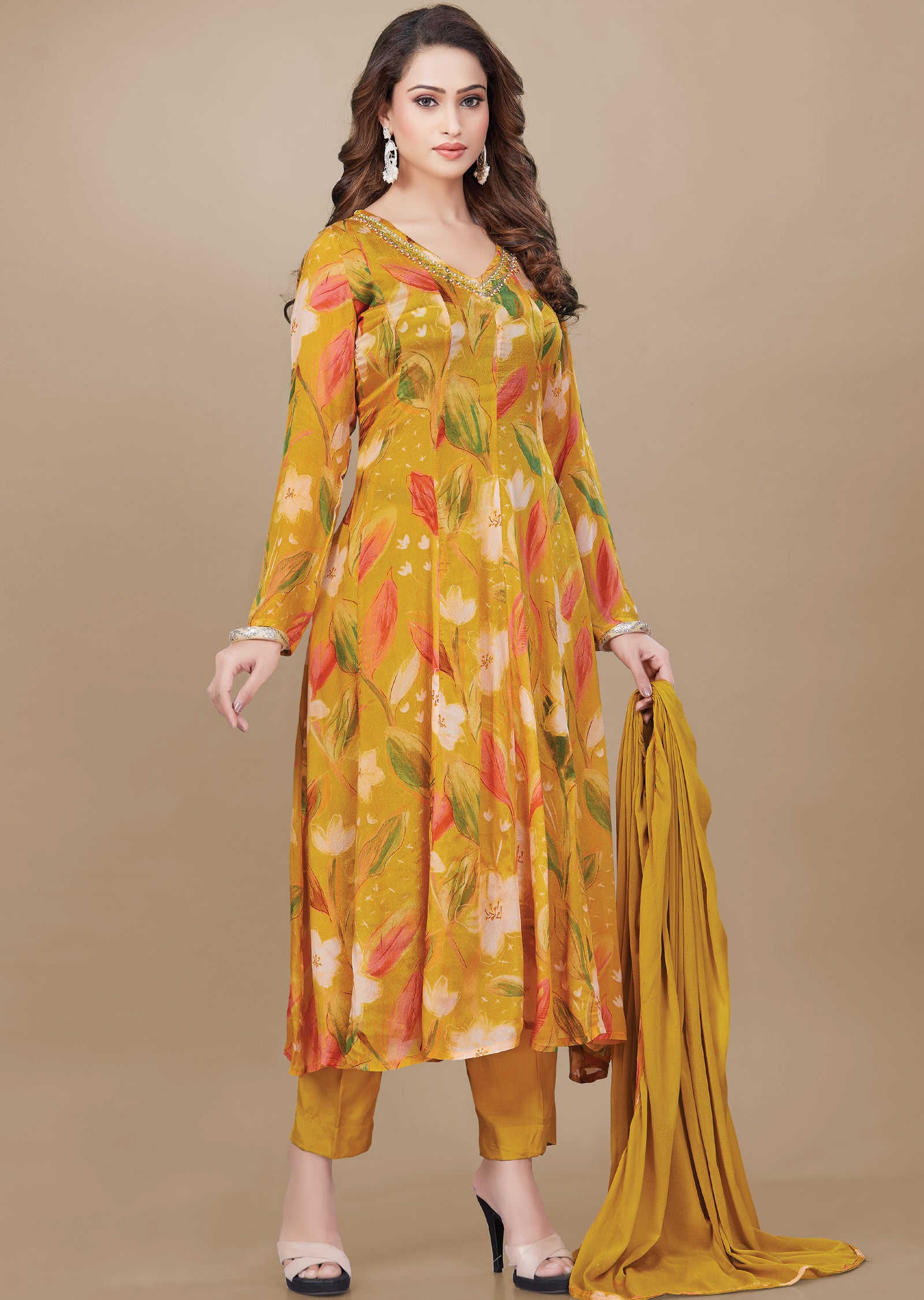 Yellow Chinnon Anarkali