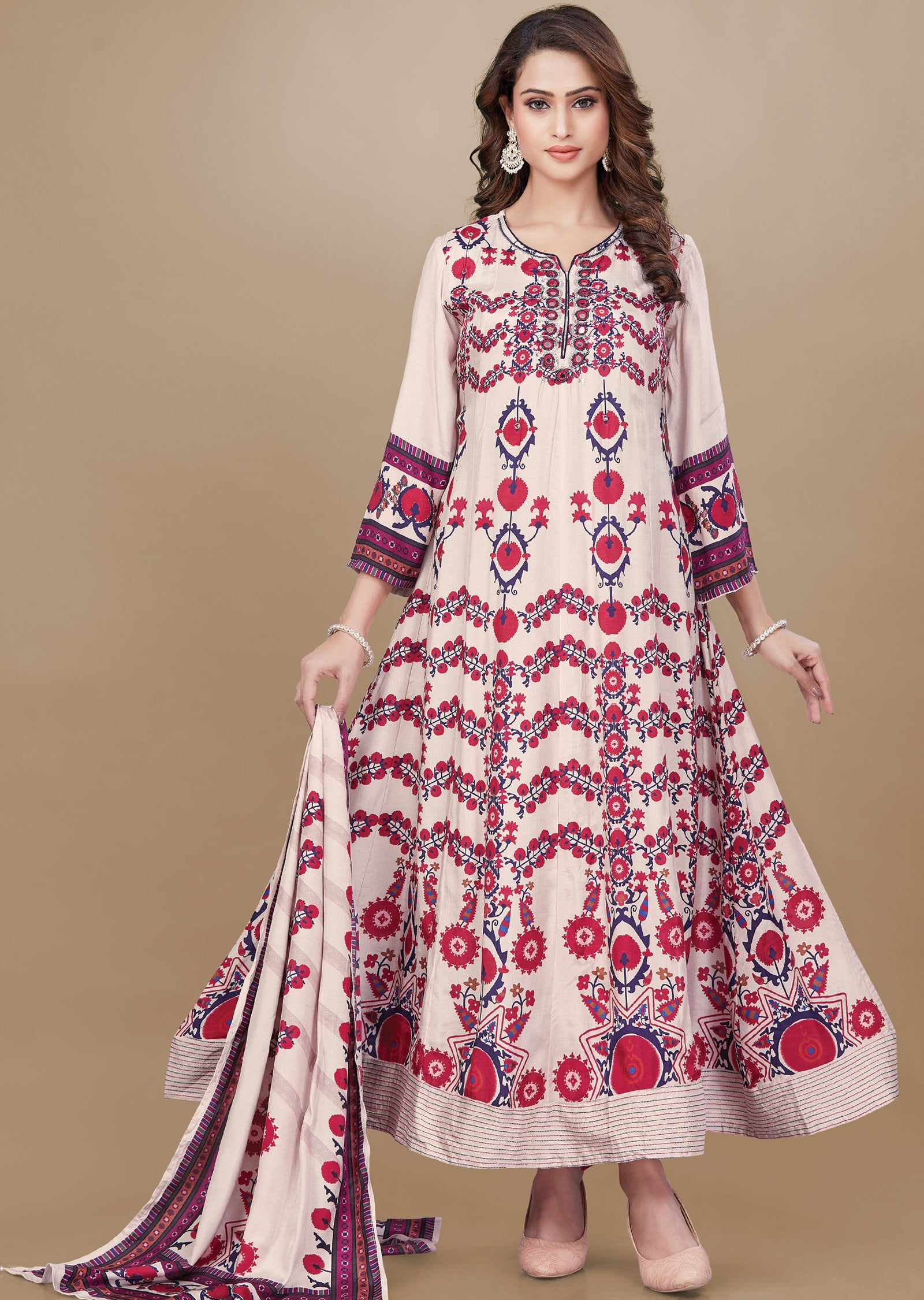 Dusty Peach & Red Muslin Anarkali