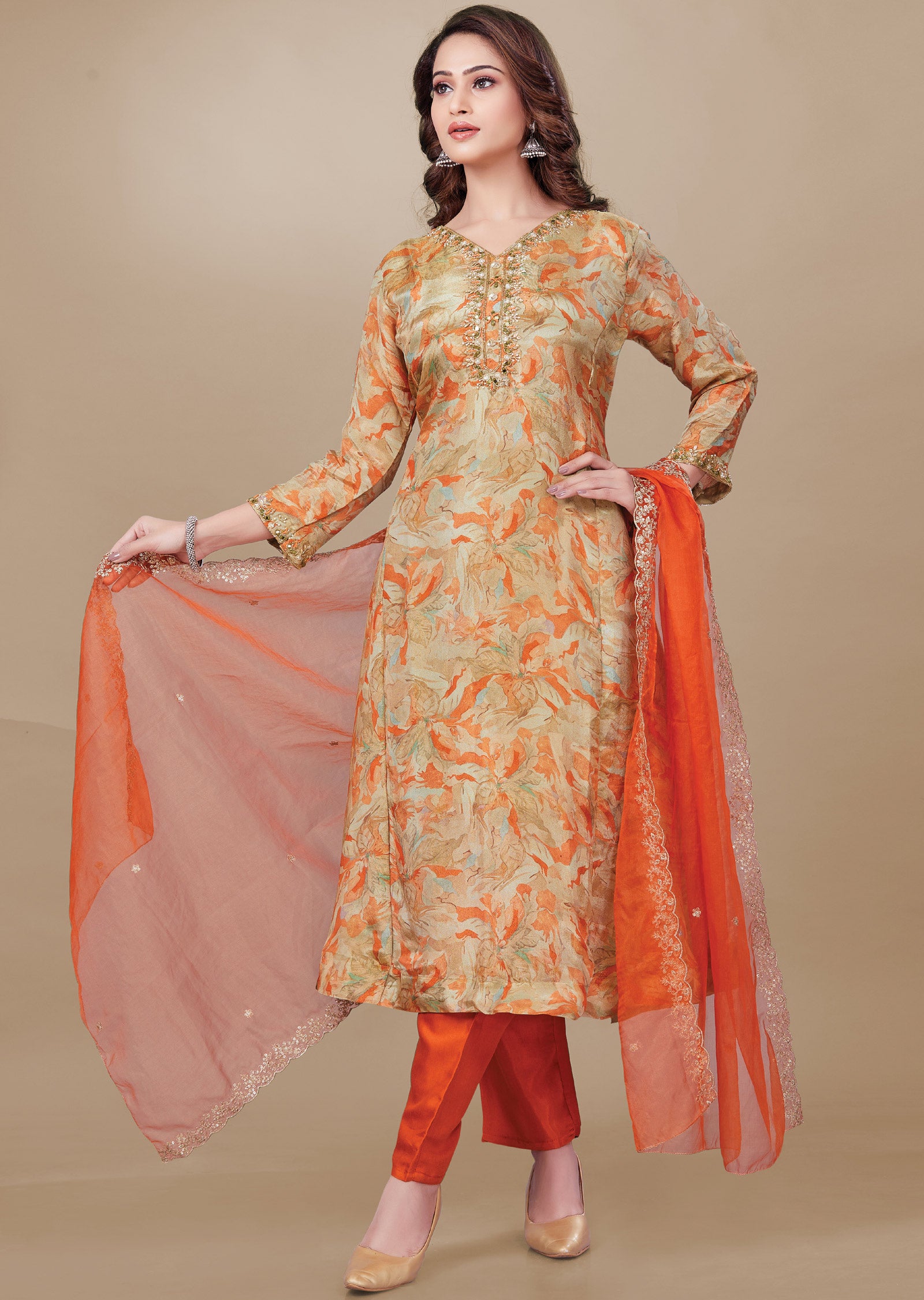 Orange & Gold Tissue Silk Anarkali