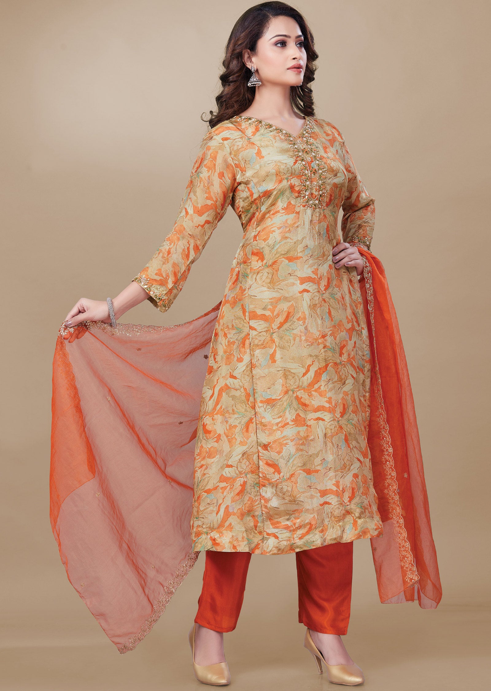 Orange & Gold Tissue Silk Anarkali