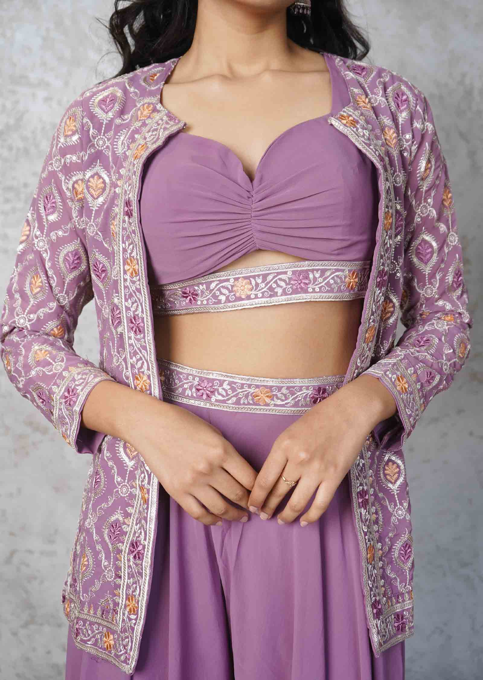 Onion Pink Georgette Embroidered Fusion/Indo-Western Set