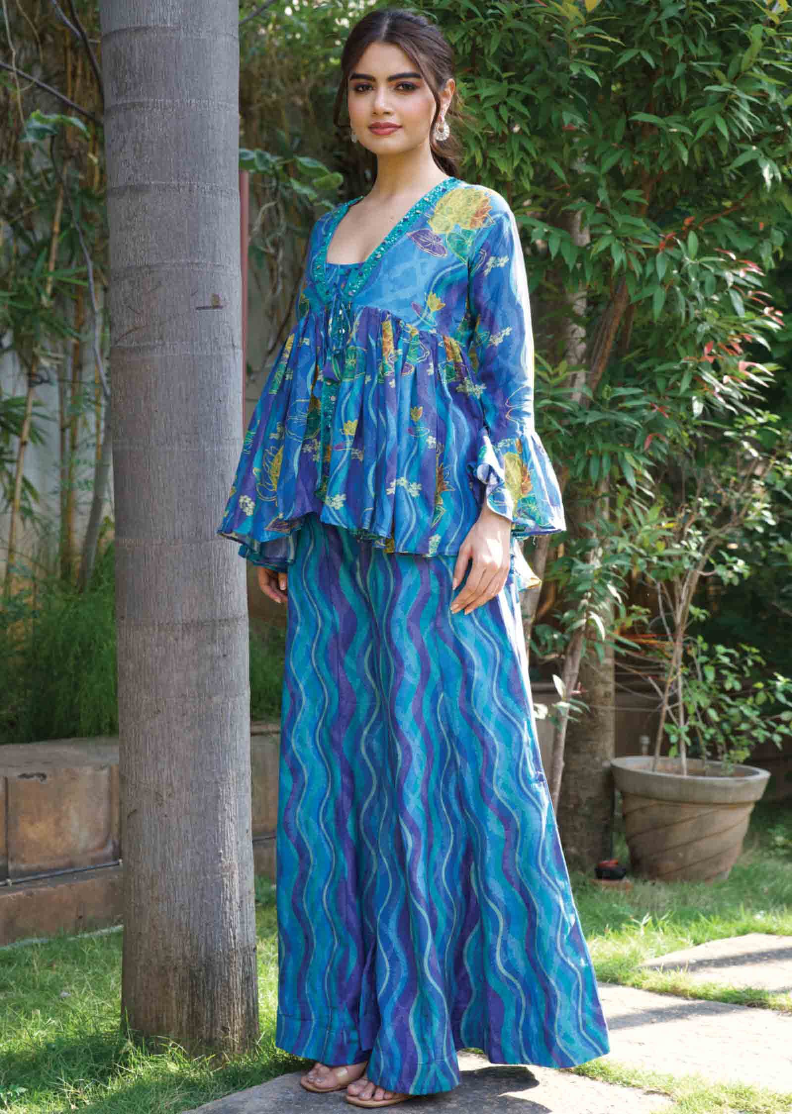 Blue Muslin Fusion Indo-Western Outfit