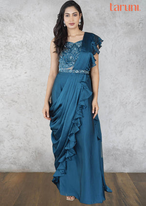 Blue Chiffon Embroidered Fusion/Indo-Western Set