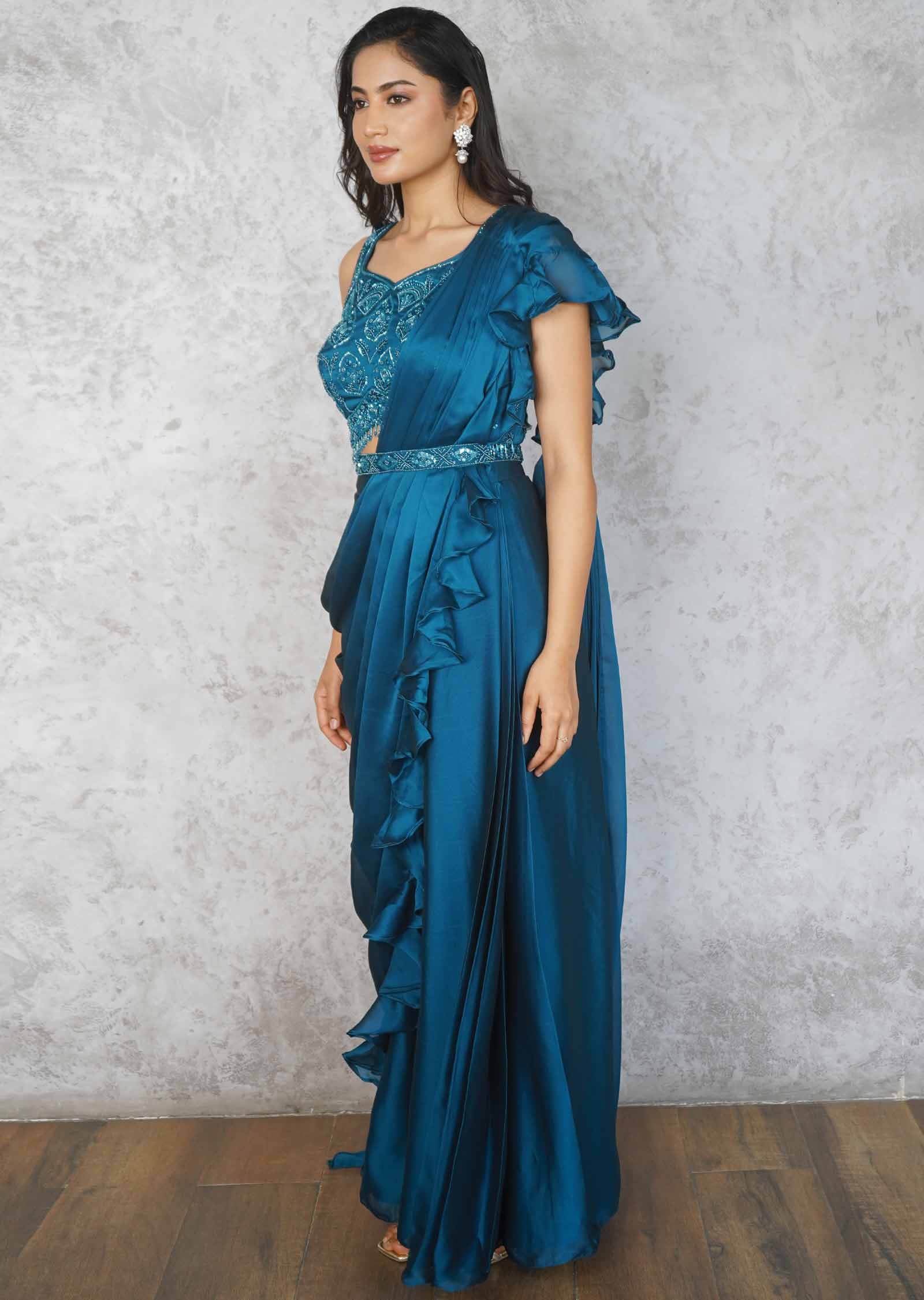 Blue Chiffon Embroidered Fusion/Indo-Western Set