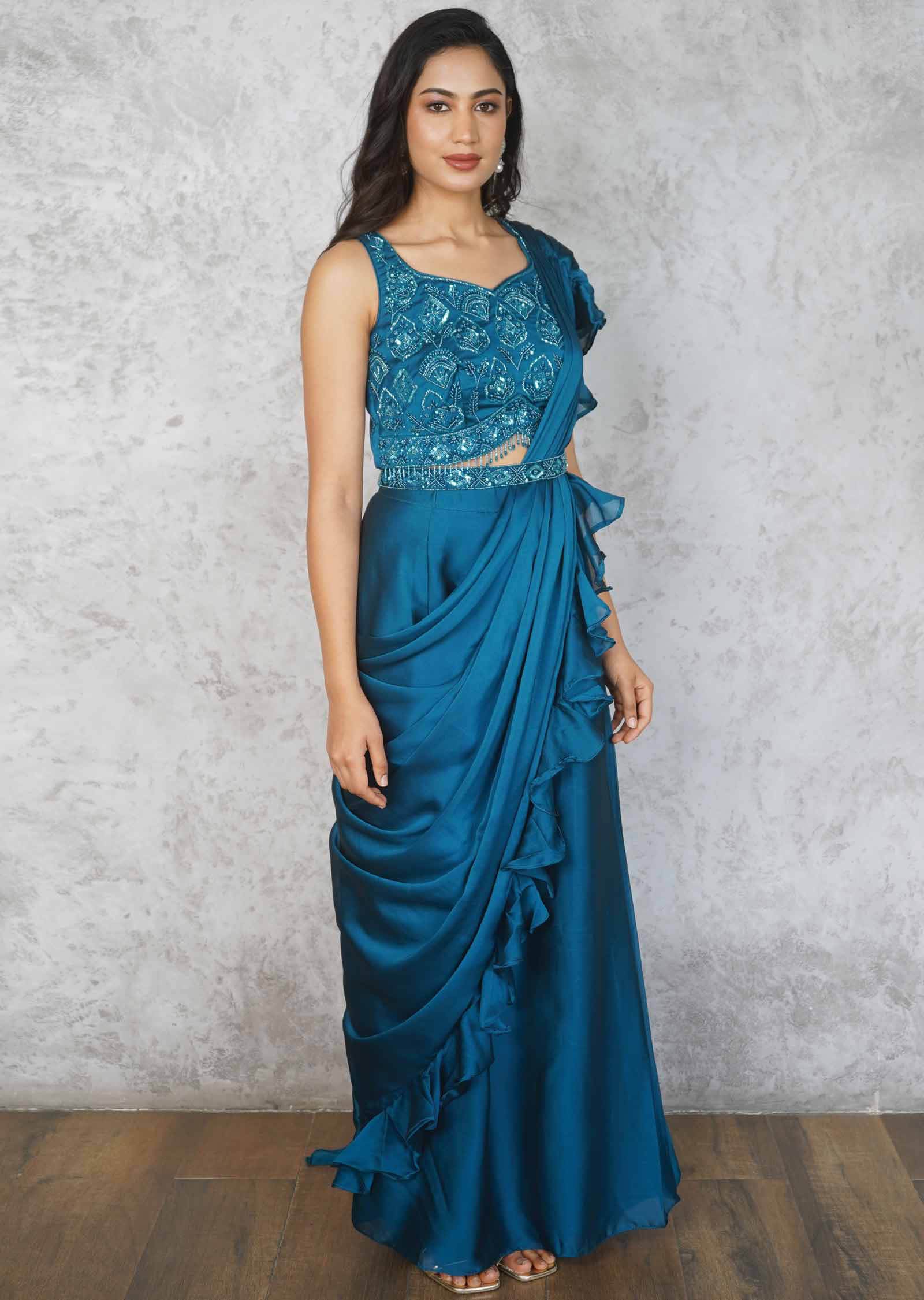 Blue Chiffon Embroidered Fusion/Indo-Western Set