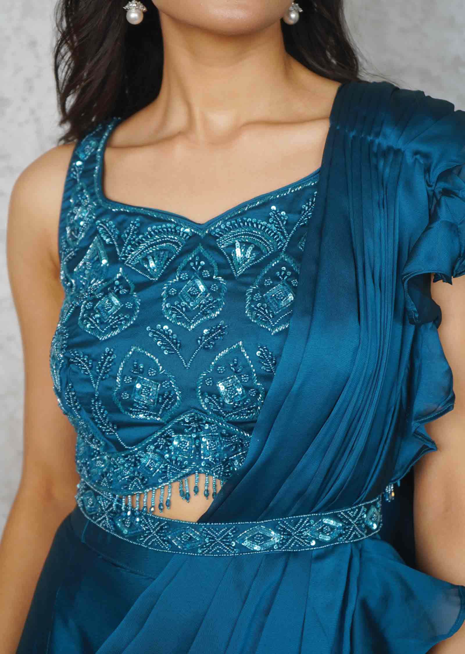 Blue Chiffon Embroidered Fusion/Indo-Western Set