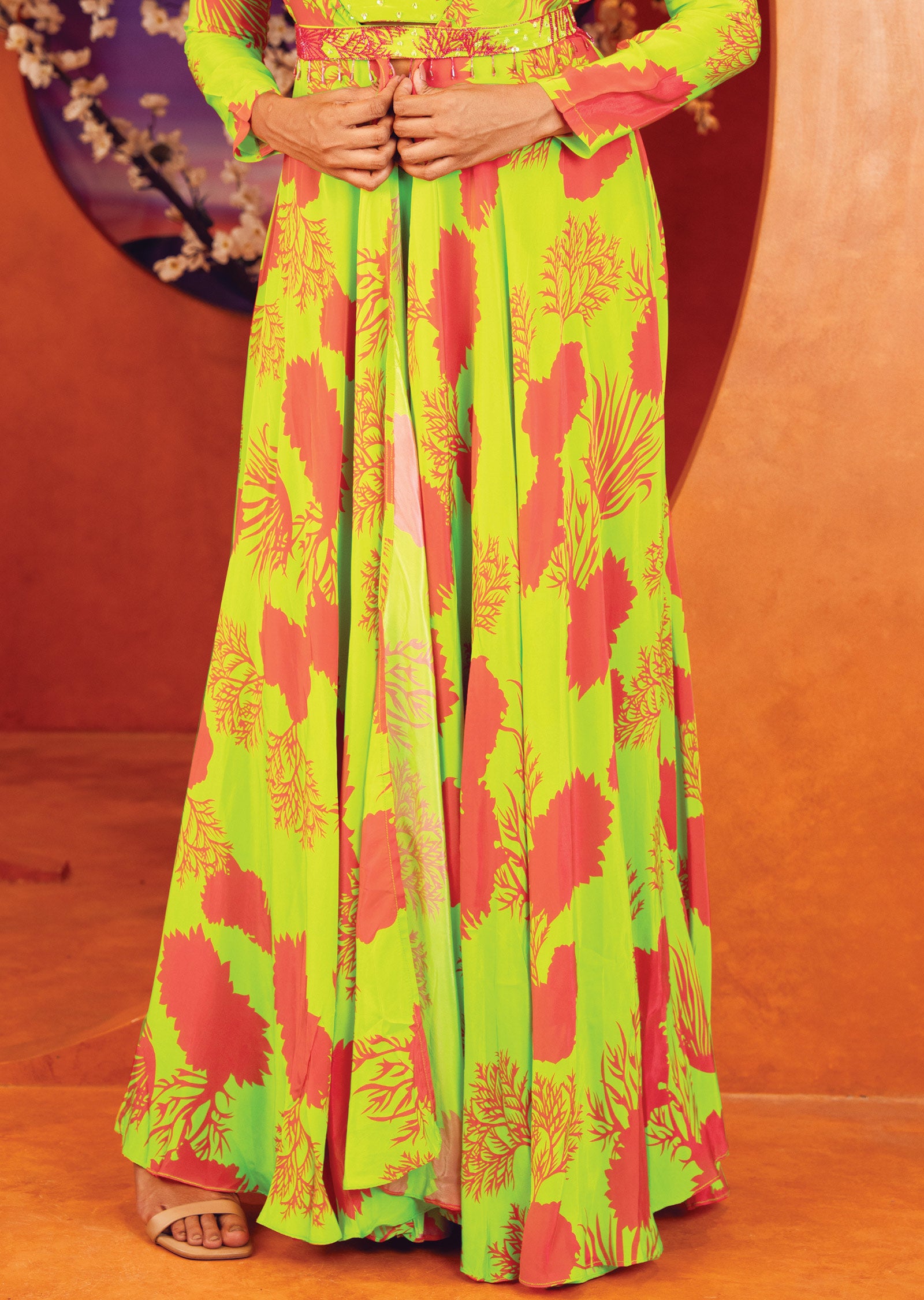 Light Green & Pink Crepe Fusion Indo-Western