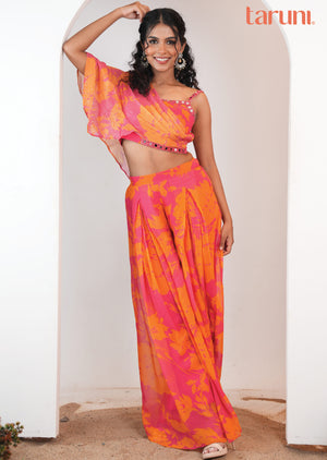 Pink & Orange Georgette Fusion/Indo-Western Set