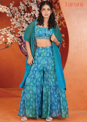 Rama Blue Chinnon Fusion/Indo-Western Set