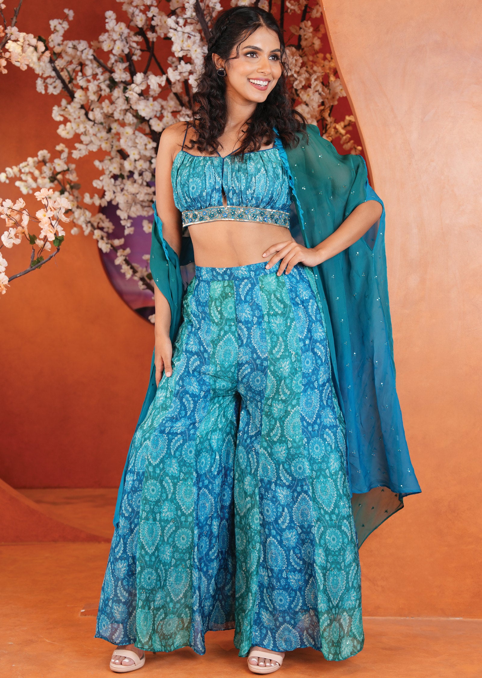 Rama Blue Chinnon Fusion/Indo-Western Set