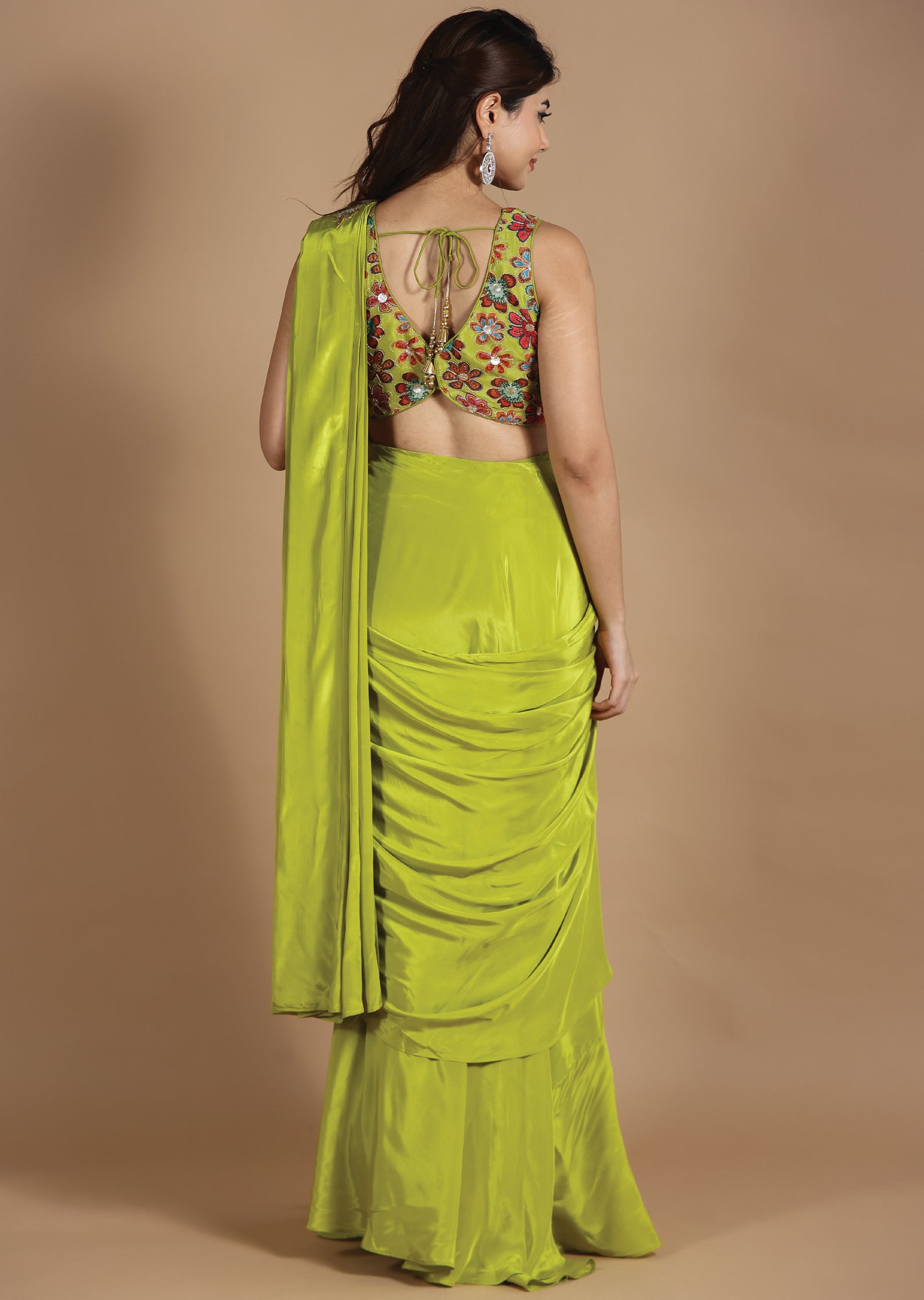 Parrot Green Chiffon Fusion/Indo-Western