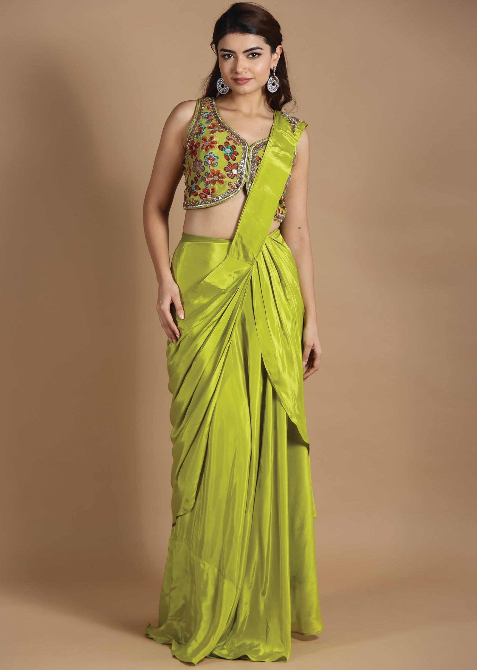 Parrot Green Chiffon Fusion/Indo-Western