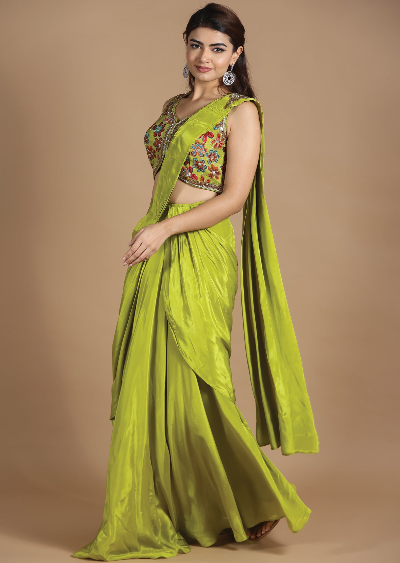 Parrot Green Chiffon Fusion/Indo-Western