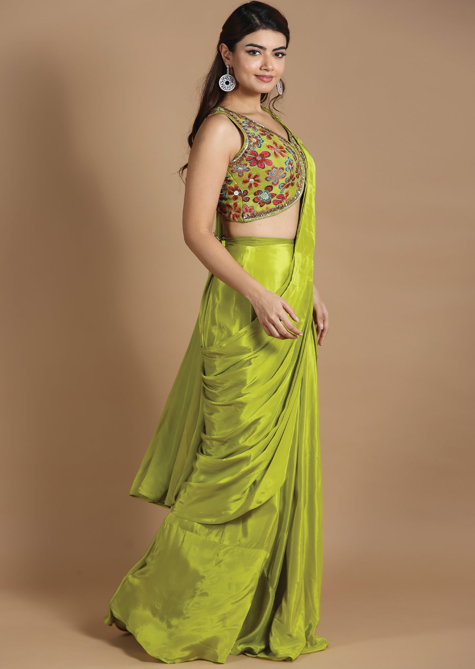 Parrot Green Chiffon Fusion/Indo-Western