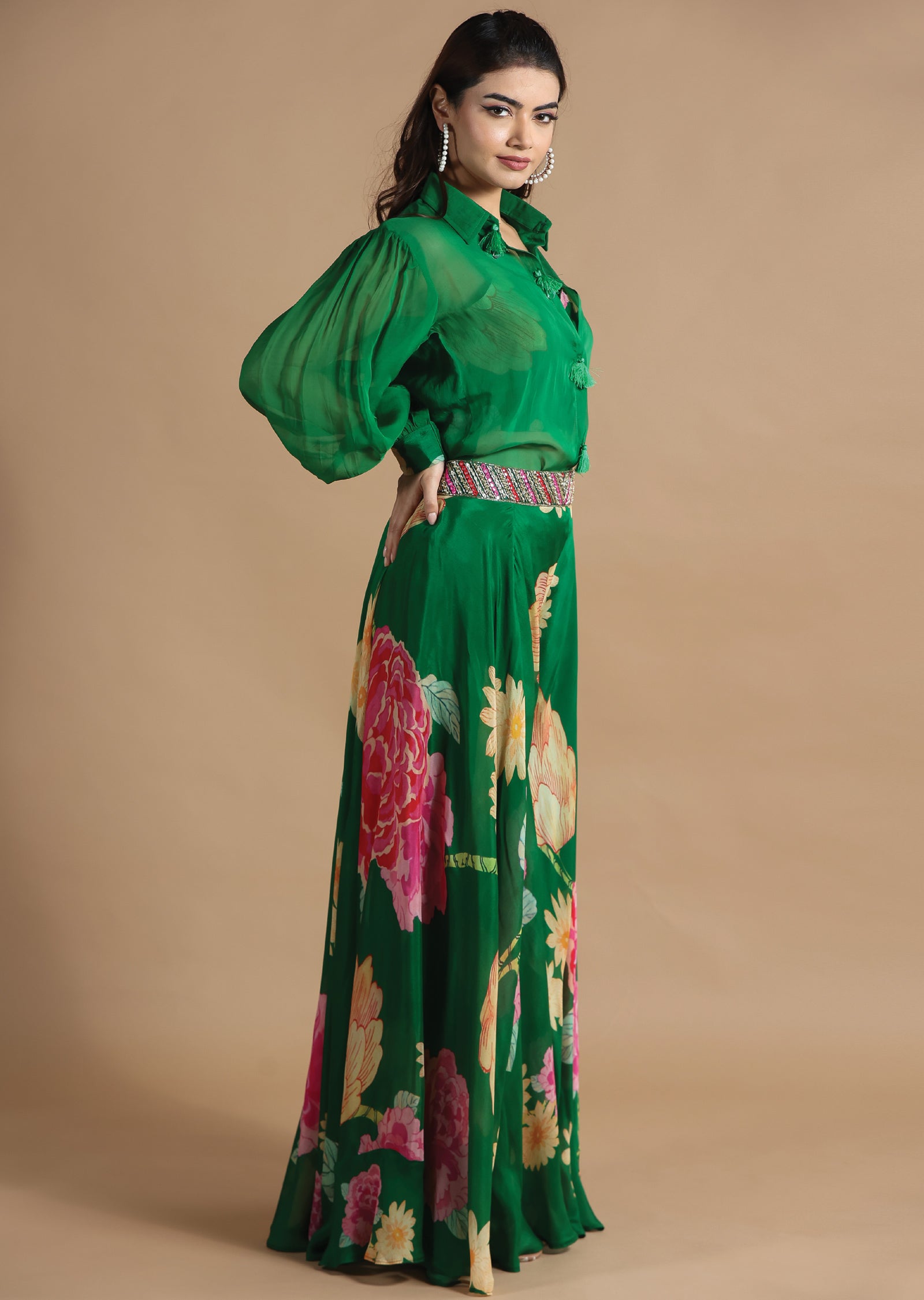 Green Organza Fusion/Indo-Western