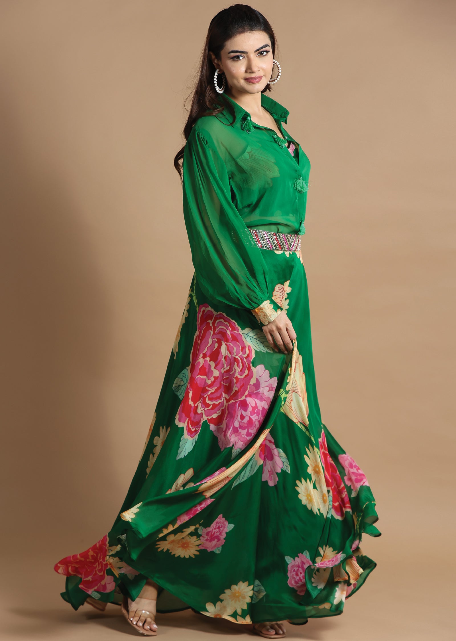 Green Organza Fusion/Indo-Western