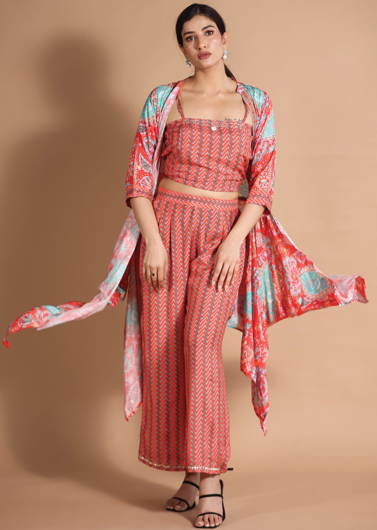 Coral & Sea Green Muslin Fusion/Indo-Western