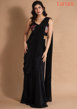 Black & Multi Crepe Fusion/Indo-Western Draped Saree